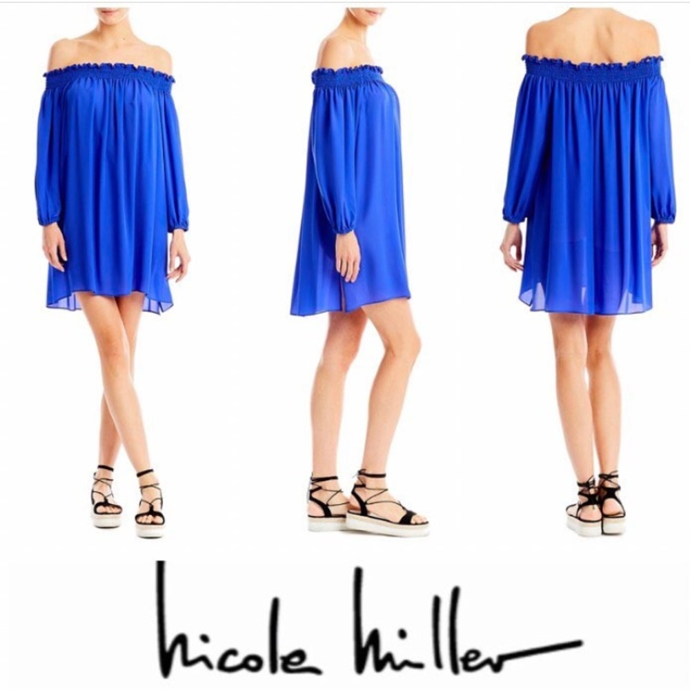 Nicole Miller Blue Off The Shoulder Silk Dress Medium - Picture 2 of 9